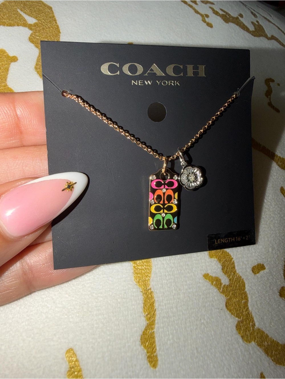 Coach Rose Gold Quilted C Tag Pendant Necklace - Picture 4 of 6
